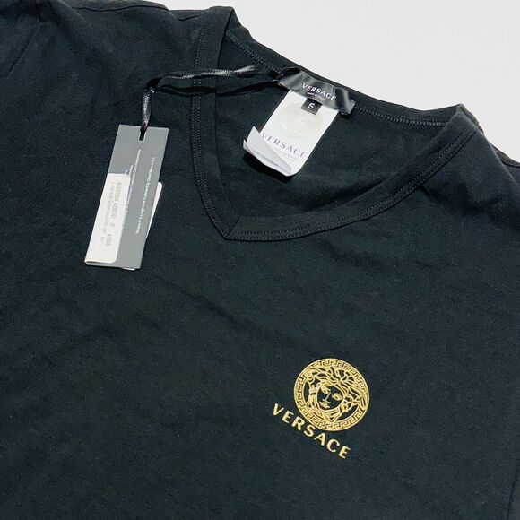Versace T-Shirt Men's 4/ M Black Cotton Stretch Medusa Logo V-Neck NWT - Picture 13 of 14